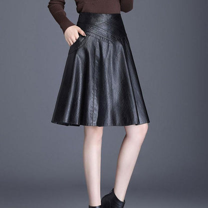 Black Ladies PU Leather Skirts Women Casual High Waist Zipper Solid Female Knee-length  A-Line Skirt with Pocket