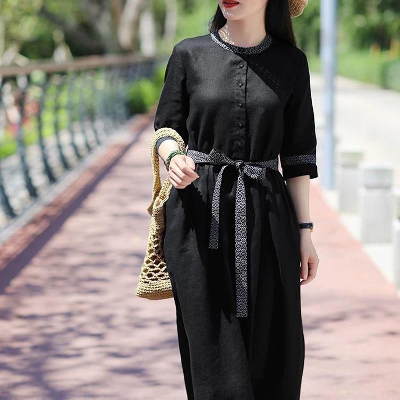 M-XXXXL Plus Size Ethnic Style Dress Linen Print Retro Cheongsam Round Neck Button Closure Dress with Belt