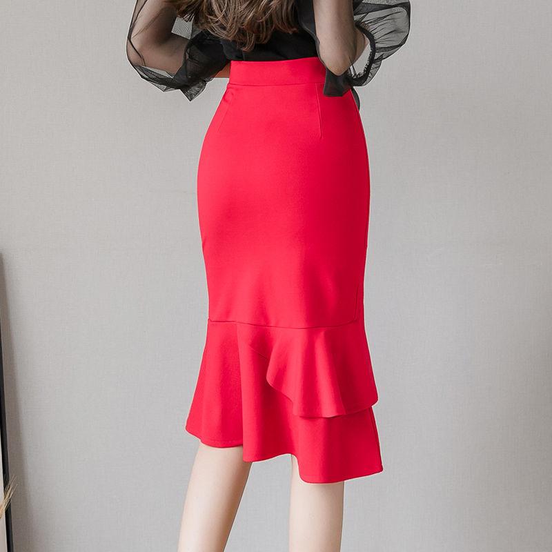 Ladies Mermaid Skirt High Waist High Elasticity Ruffle Mid-length Pack Hip Skirt Solid Color