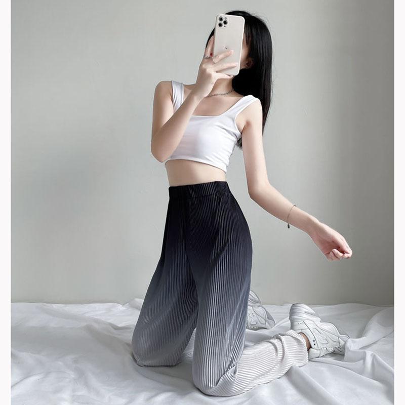 Gradient Color Ice Silk Wide-leg Pants Women's High-waisted Slim Drape Loose Straight Casual Pants Summer Printed Trousers