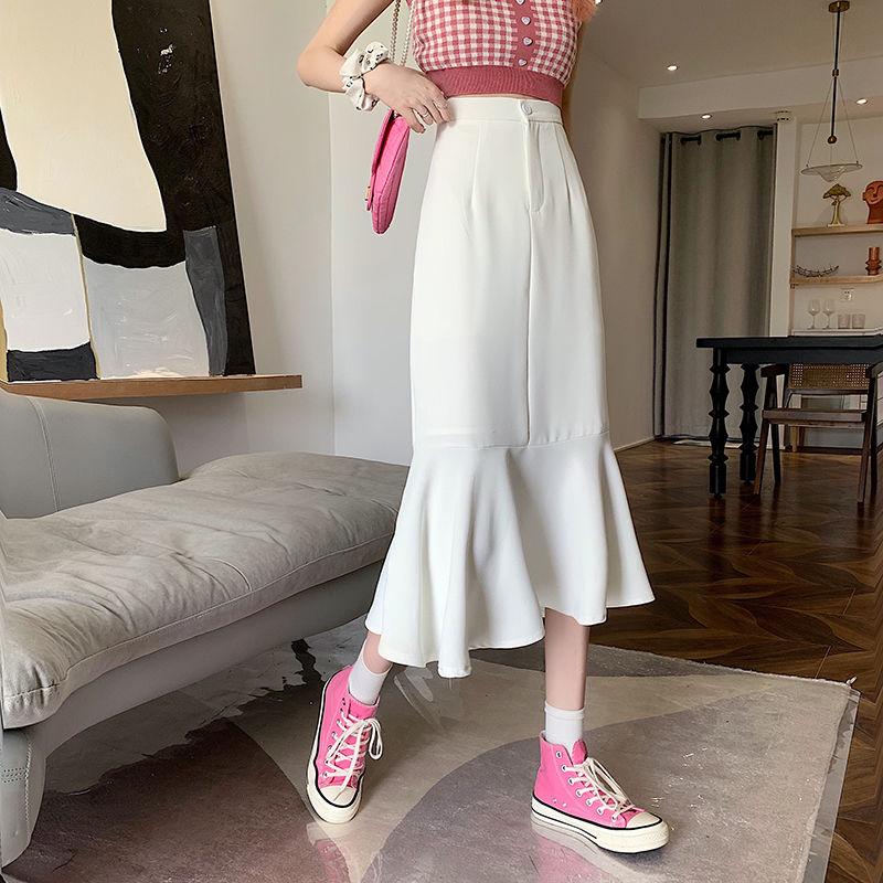 Ruffled Skirt Women's Summer High Waist Slim Mid-length A-line Skirt Solid Color Irregular Edge Fishtail Skirt