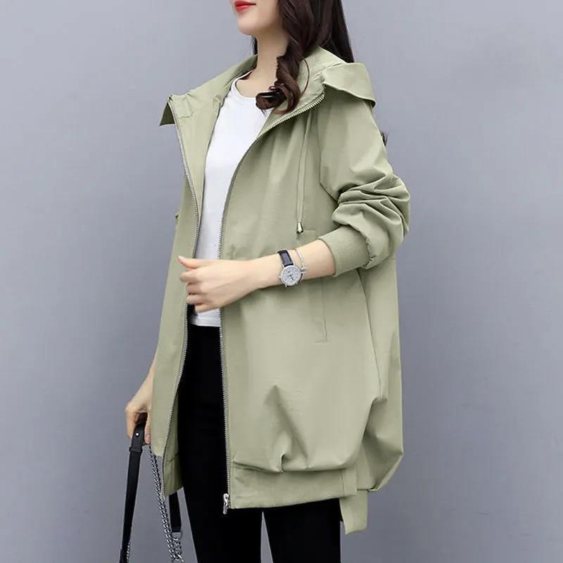Spring Women Windbreaker Boutique Hooded Jacket Casual Coat Soft and Comfortable Top Long
