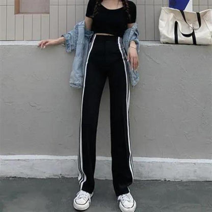 Hong Kong Style High Waist Casual Sports Wide-leg Pants Striped Wild Loose Straight Mopping Trousers Women