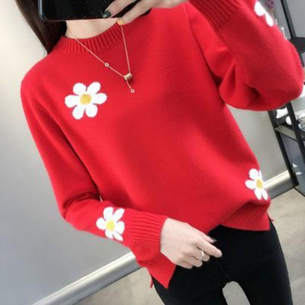 Autumn and Winter Round Neck Sweater Fashion Slim Bottoming Shirt Flower Pattern Simple Blouse