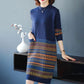 Women's Retro Rhombus Printed Sweater Long Jacquard Knitted Dress Pullover Sweater Dress with Pockets for Bottoming or Outer Wear