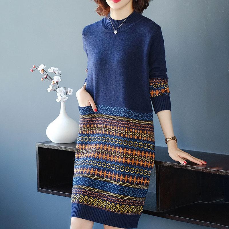 Women's Retro Rhombus Printed Sweater Long Jacquard Knitted Dress Pullover Sweater Dress with Pockets for Bottoming or Outer Wear