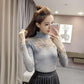 Pofulove Hollow Sweater Women's Pullover Sweater Stretch Net Yarn Embroidered Lace Bottoming Shirt