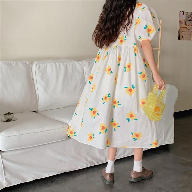Women's Summer Long Dress Puff Sleeve Floral V-Neck A-Line Dress