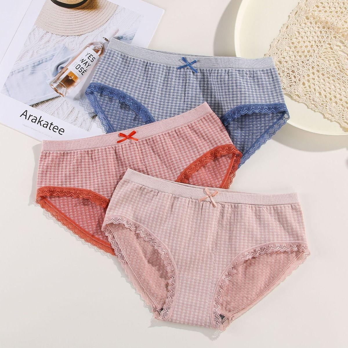 3pc Women's Panties Graphene Cotton Antibacterial File No Trace Middle Waist Sweet Student Girl