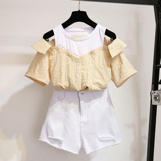 Pofulove Summer Sweet Plaid Off Shoulder Shirt Shorts Two Pieces Sets Shorts Sets Women Outfits