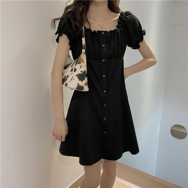 Little Lady Simple Solid Elegant Dress Vintage Square Collar Large Size Slim Graceful Party Dress