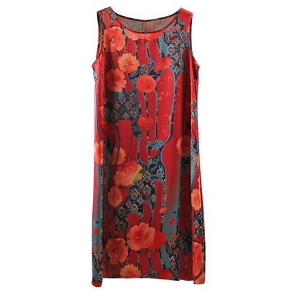 Summer Ethnic Print Dress Round Neck Mom Loose Slim Mid-length Vest Skirt Daily