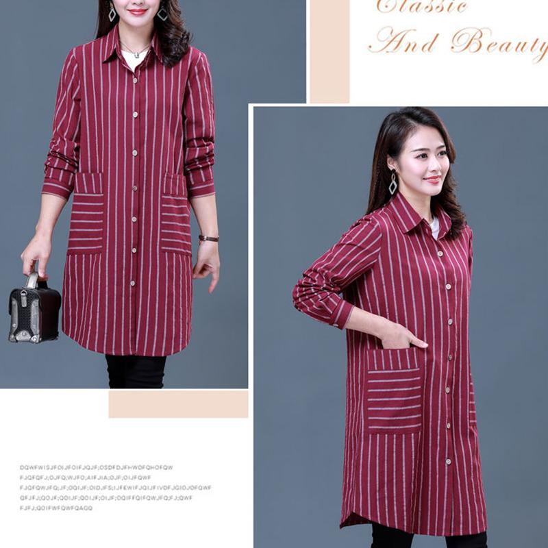 Women's Long-sleeved Striped Shirt Loose Casual Plus Size Mid-length Blouse