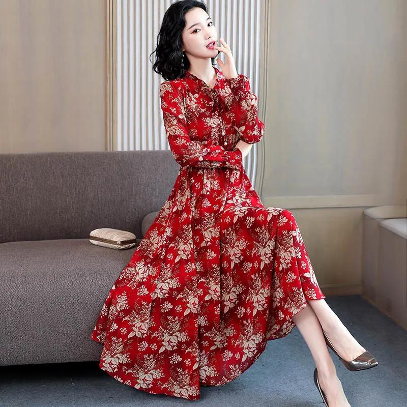Spring and Autumn Chiffon Dress Long Sleeve Feminine Large Size Long Section Slim Fit Waist Thin Floral Skirt Women Can Be Worn Inside or Outside