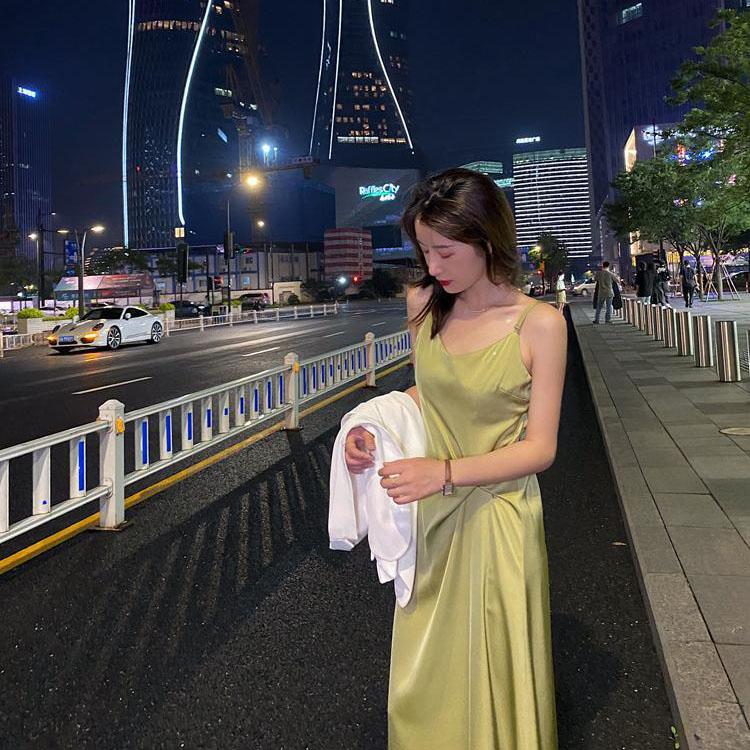 Female Spring and Summer French Elegant Waist Slim Satin Solid Soft Long Suspender Dress