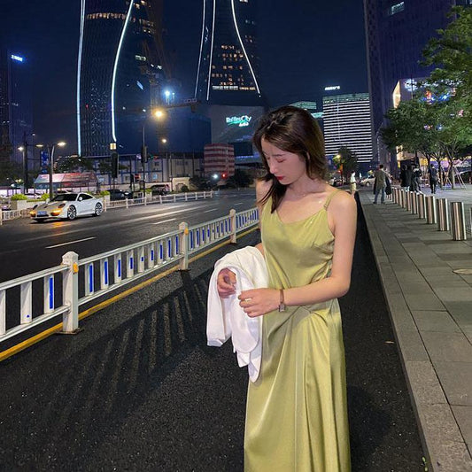 Female Spring and Summer French Elegant Waist Slim Satin Solid Soft Long Suspender Dress