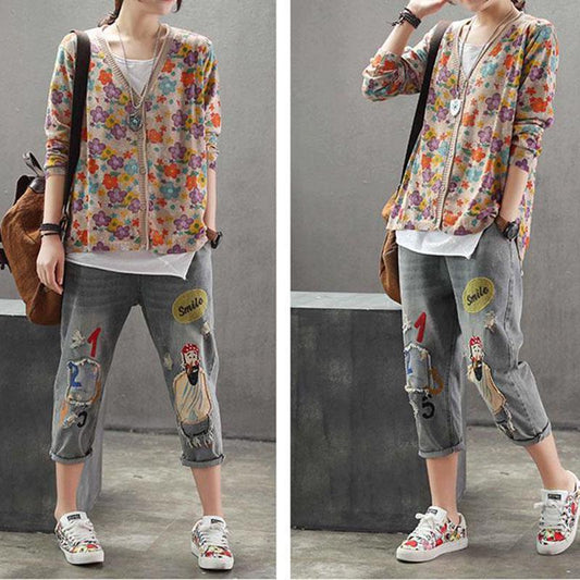 Spring Autumn Vintage  Printed Cardigan Sweater Women's Ethnic Style Knit Sweater Coat