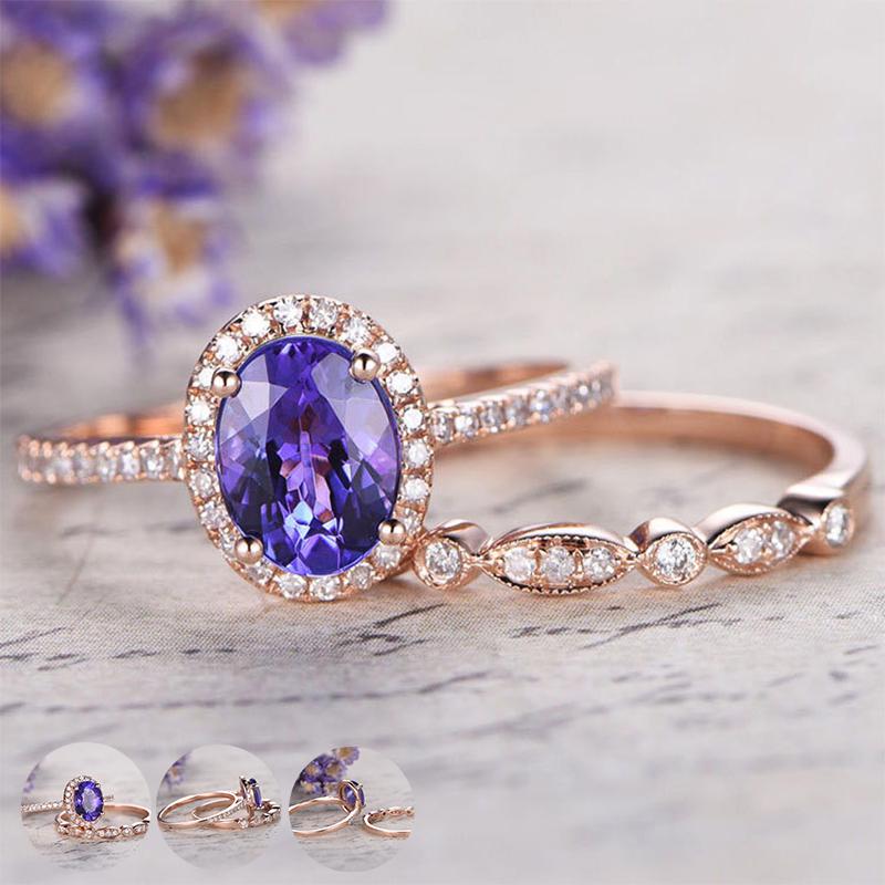 Haute Bijouterie Vintage Oval Purple Zircon Ring Charms Rose Gold Double-layer Rings Set  Women Proposal Ring