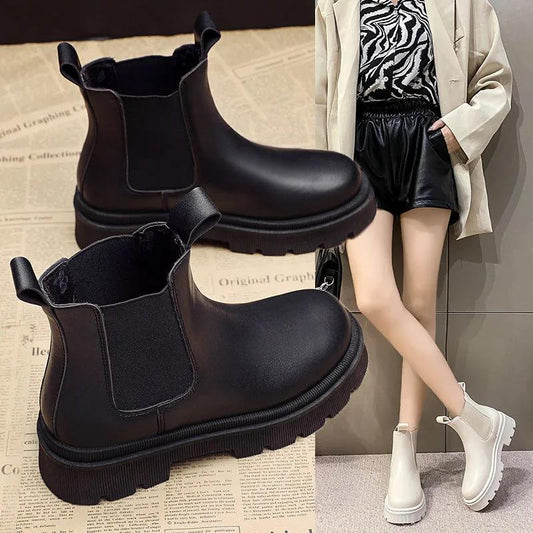 New Women Boots Pu Leather Autumn Women's Ankle Boots Ladies Fashion Shoes Non-Slip Platform Slip on Female Boot