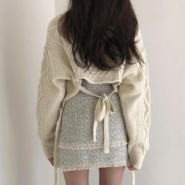 Hemp Pattern Retro Knitted Sweater Loose and Thin V-neck Jacket Short Solid Color Casual Top