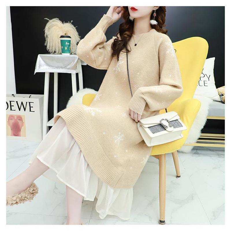 Autumn and Winter Fashion Trend Snowflake Women's Sweater Dress Loose-fitting Mini Sexy Blouse
