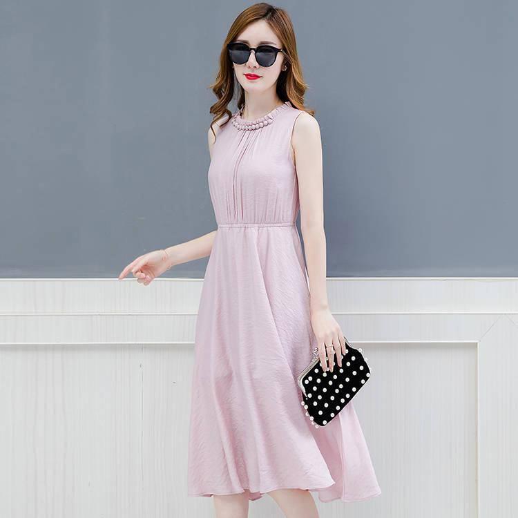 Womens Dress Summer Solid Color Pleated Chiffon Sleeveless Elasticated Belted Party Dress Womens