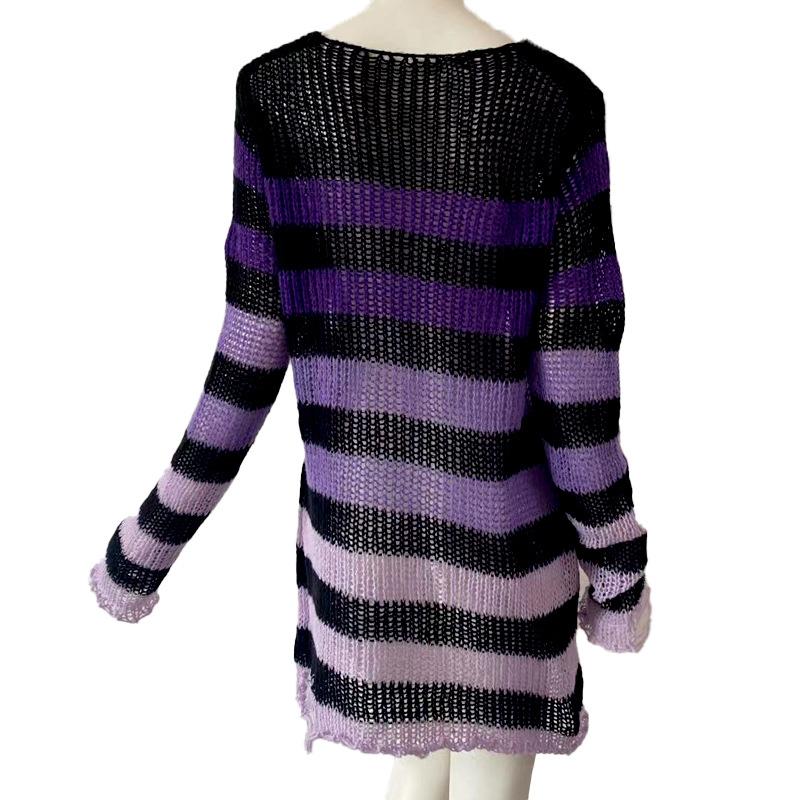 Sweater Women Stripe Ripped Pullover Mid-length Punk Loose Openwork Knitwear Top Trending Aesthetic Purple Sweater Dress Jumper