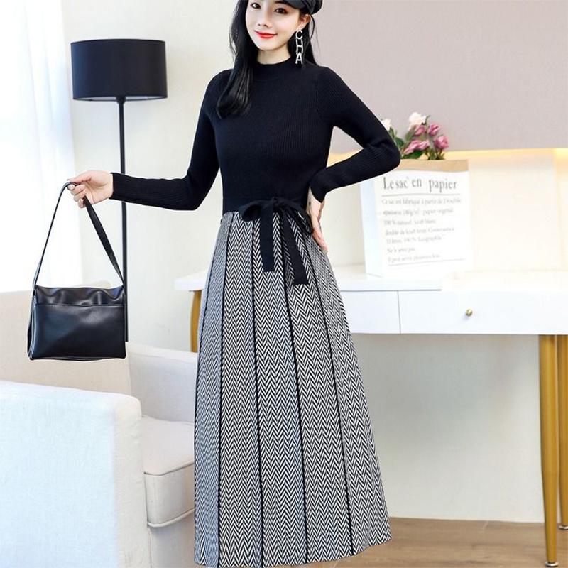 Knitted Dress Women's Clothing Autumn Winter 2021 Fashion Knit Stitching Pleated Dress with Bow Loose Loose Waist