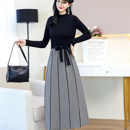 Knitted Dress Women's Clothing Autumn Winter 2021 Fashion Knit Stitching Pleated Dress with Bow Loose Loose Waist