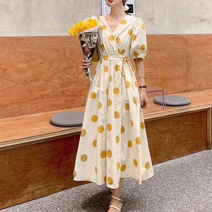 Female Plus Size Elegant Holiday Dress Slim V-neck Wave Point Print Bubble Sleeve Big Swing Long Dress