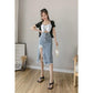 High-waist Denim Skirt Female Spring  Summer Looks Thin Split Split Hole Mid-length Hip Skirt  A-line Skirt