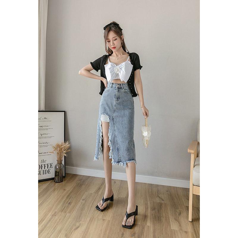 High-waist Denim Skirt Female Spring  Summer Looks Thin Split Split Hole Mid-length Hip Skirt  A-line Skirt