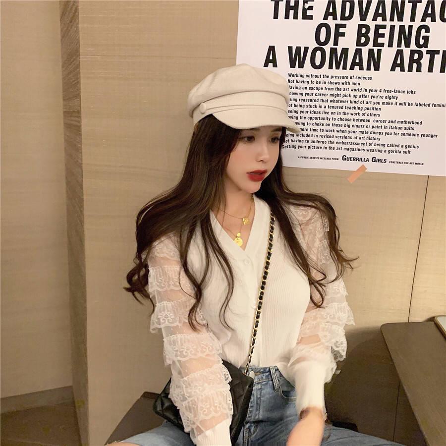 Pofulove Lovely Crew Neck Lace Cuffs Base Knitwear Skin-friendly High Elastic Button Jumper Sweater