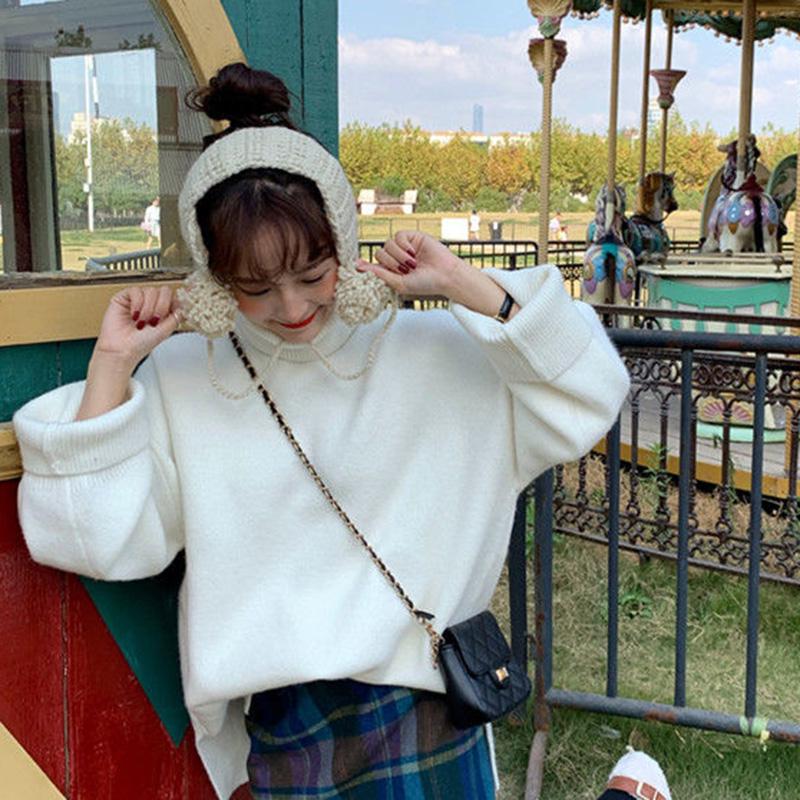 Winter Thick Solid Color Sweater Female Students Korean Turtleneck Pullover Bottoming Shirt Wild Split Stitch Loose Knit Sweater Jacket