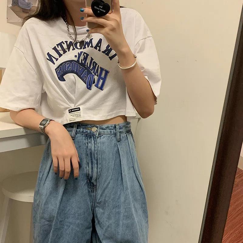 Women's Fashion Round Neck Digital Printing Half Sleeve Asymmetry Short T-shirt