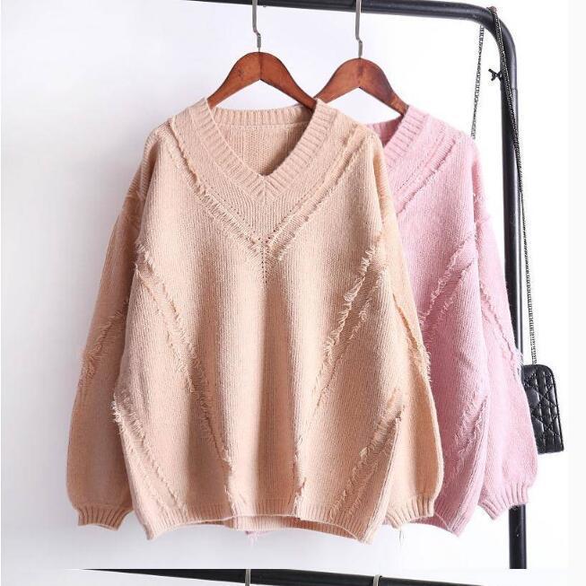Spring and Autumn Loose Fashion Blouse Student V-neck Knitted Pullover Sweater Women