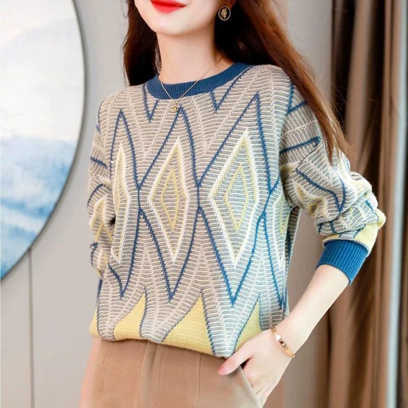Sweater Women's Round Neck Jacquard Pullover Rhombus Check Retro Knitwear Korean Loose Top Trending Sweater Autumn and Winter