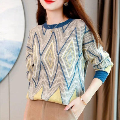 Sweater Women's Round Neck Jacquard Pullover Rhombus Check Retro Knitwear Korean Loose Top Trending Sweater Autumn and Winter