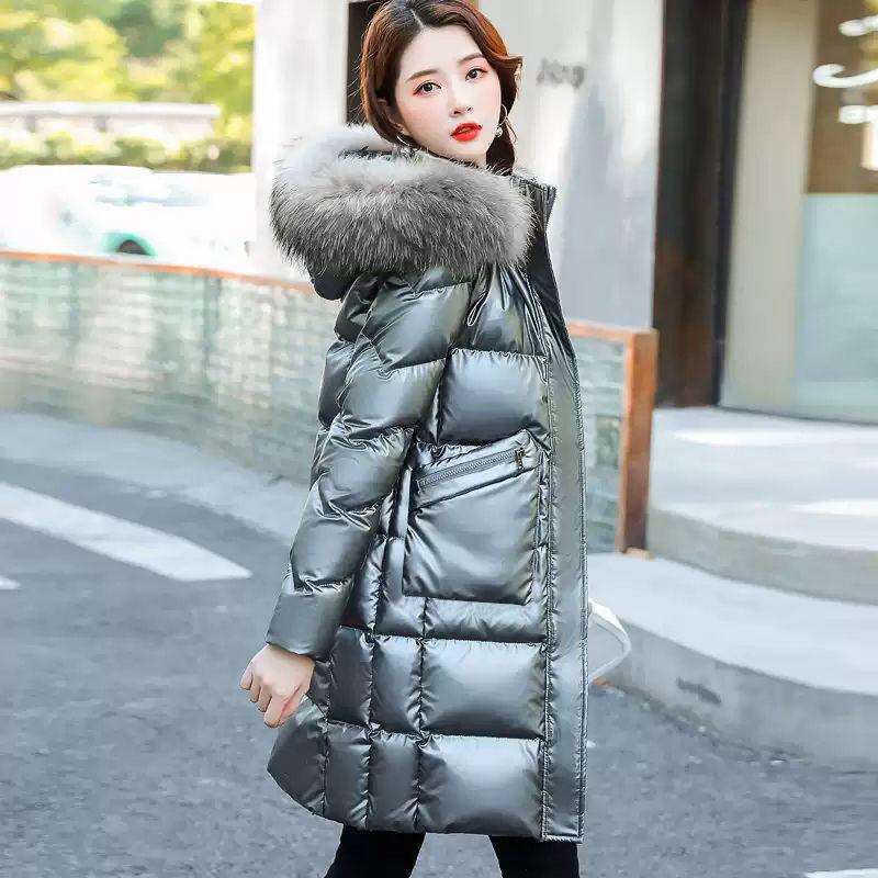 Large Fur Collar Down Cotton Jacket Women Mid-length Winter Fashion Trend Loose Shiny Warm Coat