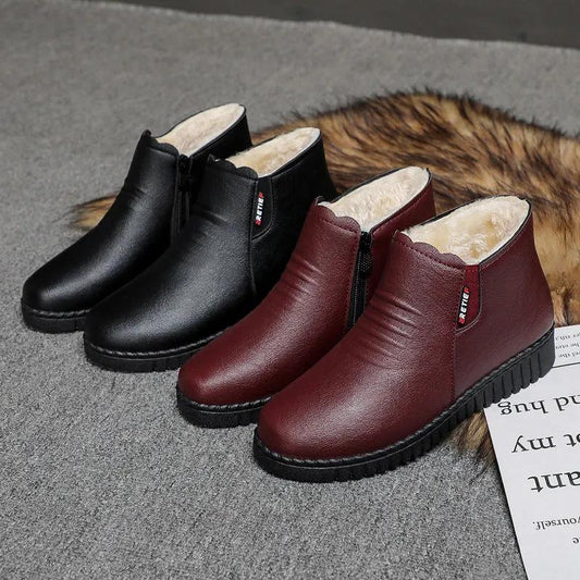 Women's Boots Thickened Warm Middle-aged Elderly Cotton Shoes Women's Winter Shoes Plus Velvet Non-slip Flat Soft Bottom Comfortable Leather Shoes