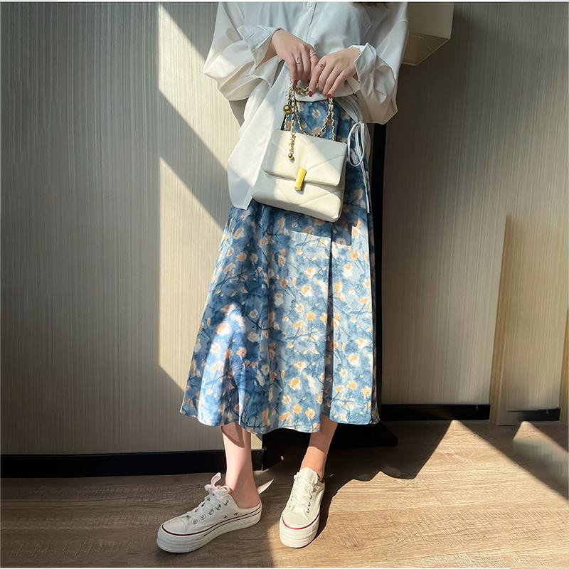 Women's  Floral Skirt Oil Painting Style Summer  High Waist Mid-length A-line Draping Fairy Dress