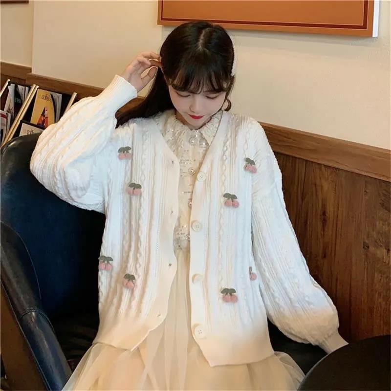 Cardigan Knitwear Sweet Puff Sleeve Short V-neck Cherry Sweater Women's Top Long Sleeve Warm Loose Sweater Jacket