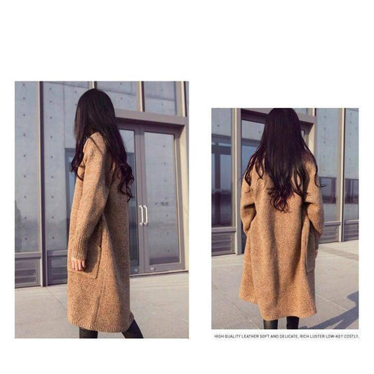 Fashion Sweater Women Winter Long Double Pocket Sweater Mid-length Cardigan Women's Knitted Jacket