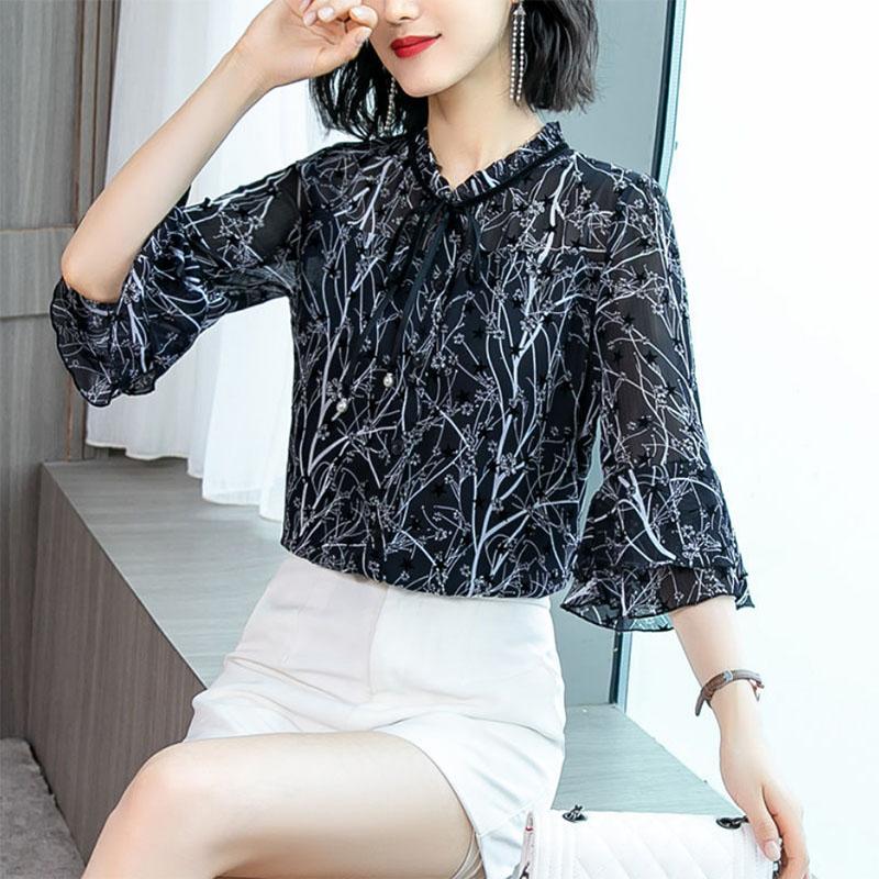 Chiffon Shirt Women's Fungus Collar Floral Trumpet Sleeve Small Shirt Elegant Bottoming Shirt
