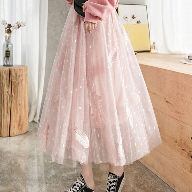 Women's Feather Embroidered Mesh Skirt Lace Printing Elastic Waist Princess Tutu A-line Skirt Mid-length High-waist Fairy Skirt