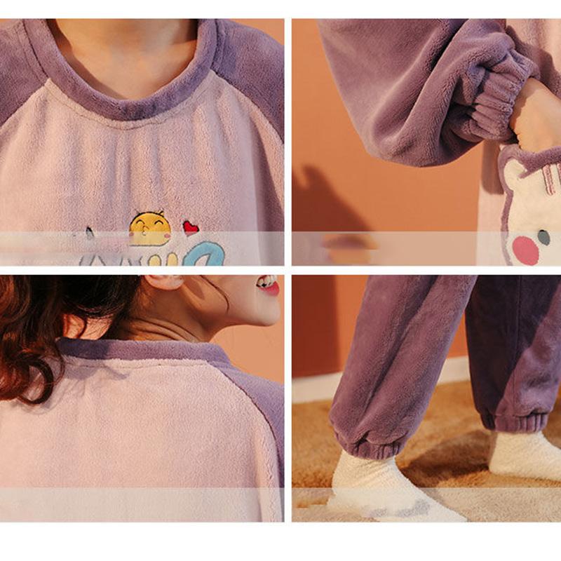 Flannel Pajamas for Girls and Girls Sweet and Lovely Coral Fleece Plus Velvet Thick Two-piece Home Service Skin-friendly and Soft