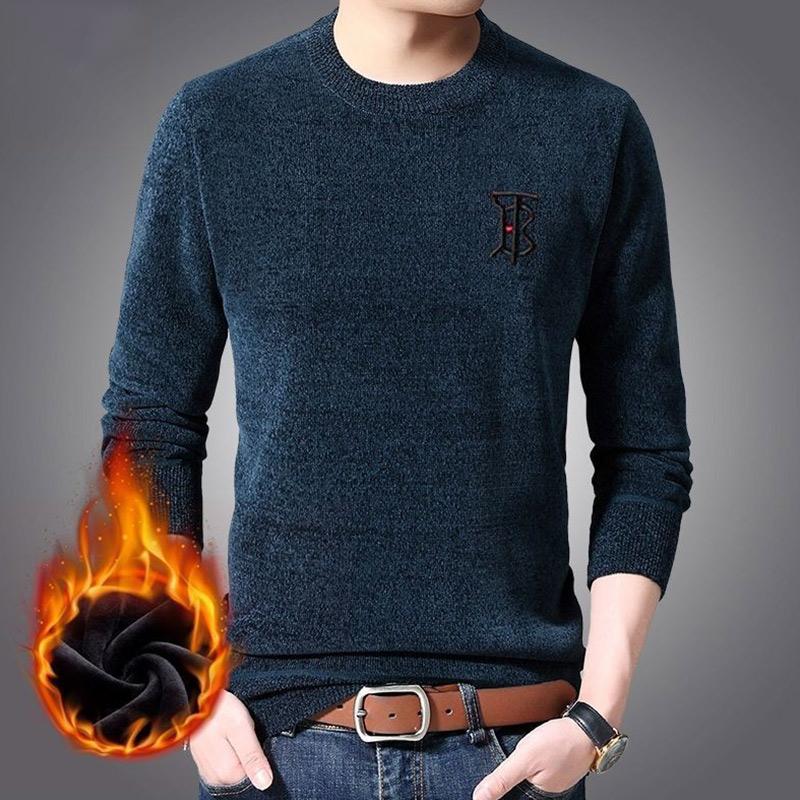 Sweater Young and Middle-aged Plus Velvet Thick Solid Color Warm and Comfortable Winter Round Neck Pullover Men's Bottoming Shirt