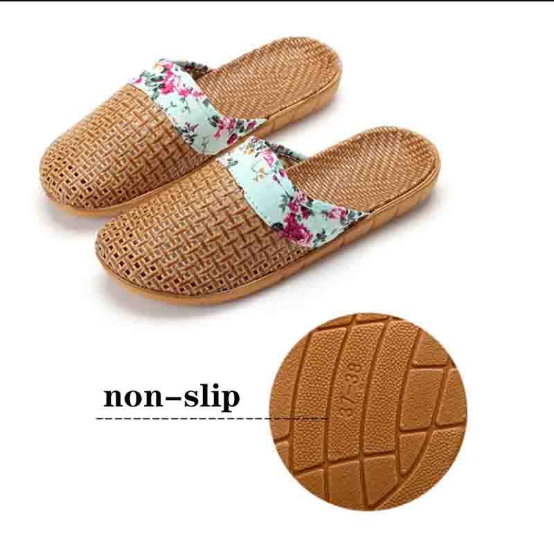 Summer Women Baotou Rattan Grass Woven Flat Slippers Floral Bow Linen Women Sandals Indoor Shoes