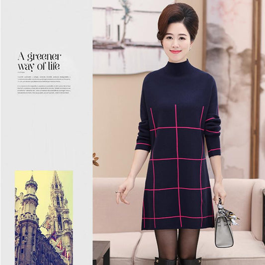 Autumn and Winter Middle-aged and Elderly Plus Size Dress In The Long Section Thick Plus Size Base Skirt Striped Pattern Simple Sweater Dress
