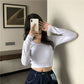 Spring Fall Summer Fashion Women Clothes Cotton Round Collar Long Sleeves Elastic High Waist Sexy Pullover